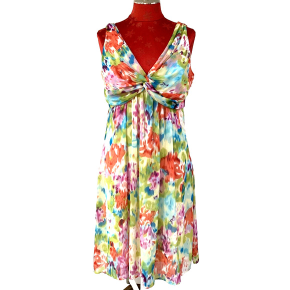 Dressbarn Cocktail Dress Sz 10 Colorful Flowing Watercolors Twist Front Summery - Picture 1 of 9